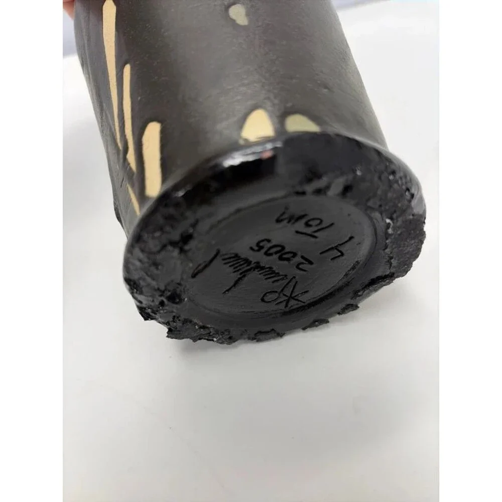 Mid Century Modern Style Art Pottery Vase Black Red Glaze Drip Signed dedicated
